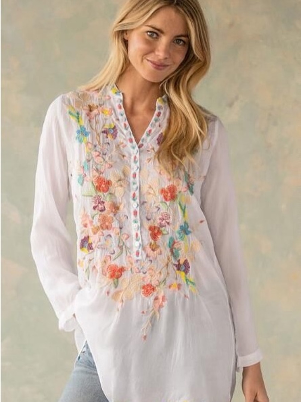 Johnny Was White Floral Embroidered Boho Tunic Blouse XL